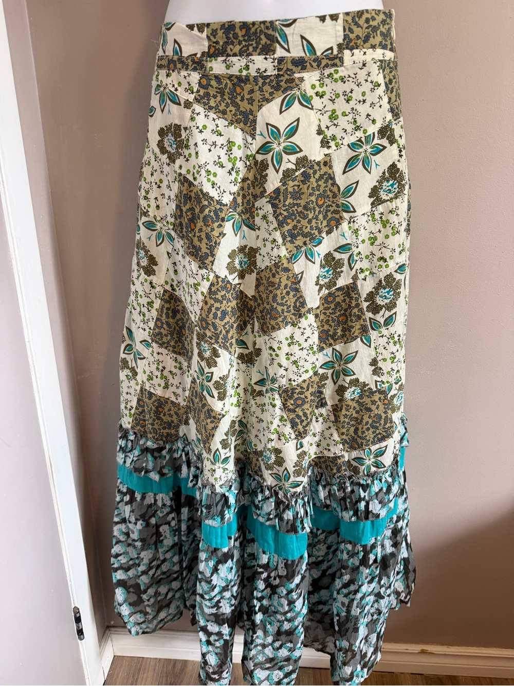 RAGA Patchwork Floral Tiered Maxi Skirt Cream Teal Size S